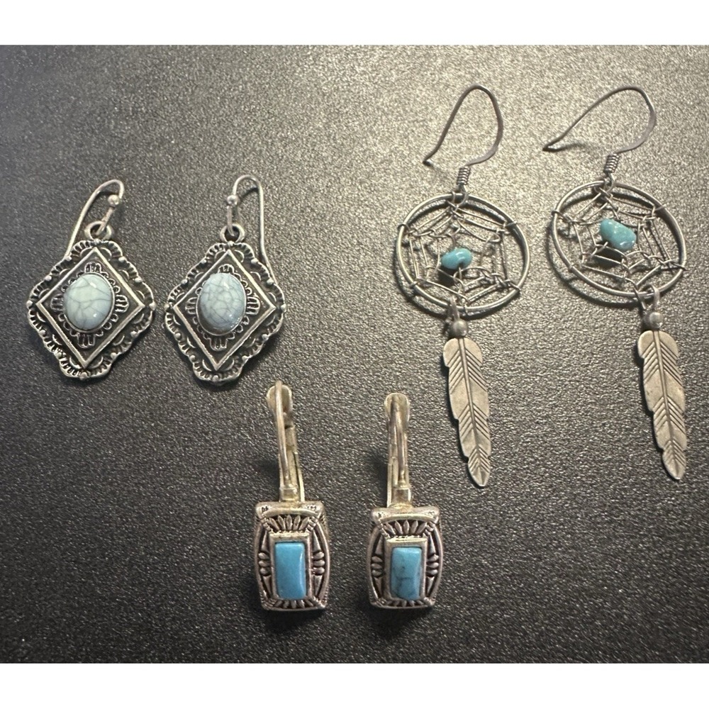 Lot of 3 sets of Vintage Native American Faux Turquoise Silver tone Earrings 1"